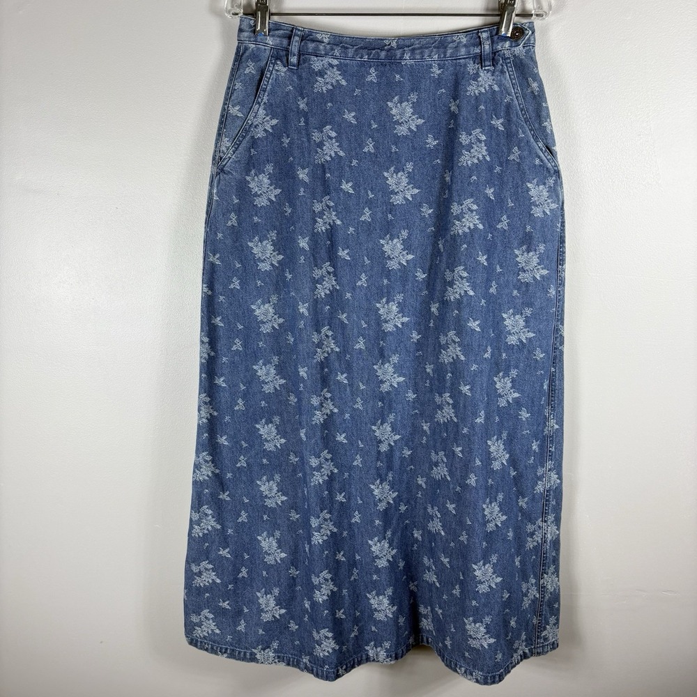 Liz Claiborne Lizwear Women's 12 Blue Denim Floral Embroidered Midi Jean Skirt